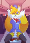 aircraft airplane anthro canine clothed clothing crossdressing erection eyelashes eyeshadow flight_attendant fox fridge_(artist) front_view furry girly grin highres humanoid_penis inside legwear looking_at_viewer makeup male mammal miles_&quot;tails&quot;_prower no_panties partially_retracted_foreskin penis sitting solo sonic_(series) testicles thigh_highs uncut video_games
