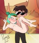  1boy 1girl amity_blight breasts brown_hair carrying carrying_person gold_eyes green_hair marco_diaz nipples nude nude_female poland_(artist) star_vs_the_forces_of_evil the_owl_house 