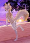  1girl 2015 animal_genitalia anthro arm_support beach blush canine canine_penis digitigrade fennec fluffy_tail fox furry girly heart looking_at_viewer looking_back louis_(rukifox) male mammal masturbation nude on_one_leg outside palm_tree penis red_eyes rukifox sea seaside sunset tree wall water 