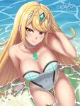 1girl alluring bangs beach big_breasts blonde_hair breasts chest_jewel cslucaris gem headpiece long_hair mythra mythra_(radiant_beach)_(xenoblade) mythra_(xenoblade) nintendo one-piece_swimsuit patreon_username ribbed_swimsuit strapless strapless_swimsuit striped swept_bangs swimsuit thighs tiara vertical-striped_swimsuit vertical_stripes very_long_hair white_swimsuit xenoblade_(series) xenoblade_chronicles_(series) xenoblade_chronicles_2 yellow_eyes