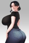  ass big_breasts black_hair curvy earrings fully_clothed hair_bun jeans looking_at_viewer 
