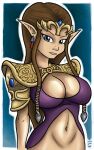  1girl alluring big_breasts blue_eyes bottomless breasts brown_hair child_bearing_hips cleavage hot hylian long_hair looking_at_viewer nintendo open_clothes pink_lips pointy_ears princess_zelda sexy the_legend_of_zelda vicsor-s3 voluptuous wide_hips zelda_(twilight_princess) 