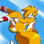  1girl anthro ass blue_eyes canine erection fox girly humanoid_penis leg_grab legs_up looking_at_viewer lying mammal miles_&quot;tails&quot;_prower moneychan multiple_tails on_back penis sega smile testicles tongue tongue_out 