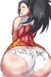  1girl ass bare_shoulders black_hair boku_no_hero_academia breasts brown_eyes clothes_writing from_behind gloves hair huge_ass long_hair looking_at_viewer looking_back momo_yaoyorozu my_hero_academia panties ponytail simple_background sitting solo sweat text translation_request underwear uya_(yurukah) white_gloves white_panties yaoyorozu_momo 