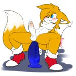  1girl anal anal_insertion anal_masturbation anal_penetration anthro arm_support ass big_dildo biting_lip blue_eyes blush canine clothing crouching cum dildo entering footwear fox girly humanoid_penis insertion male mammal masturbation miles_&quot;tails&quot;_prower moneychan multiple_tails nude one_eye_closed penetration penis precum sega sex_toy shoes testicles 