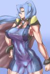  1girl alluring armpits bare_arms big_breasts blue_background blue_eyes blue_hair bodysuit bracelet breasts cameltoe cape clair covered_navel creatures_(company) earrings epaulettes erect_nipples female female_abs game_freak gloves gradient gradient_background gym_leader hand_on_hips high_ponytail huge_breasts ibuki_(pokemon) jewelry lips long_hair matching_hair/eyes muscle navel nintendo pearl_(gem) pokemon pokemon_(game) pokemon_hgss ponytail sideboob simple_background skin_tight solo text_focus toned two_side_up uya_(yurukah) whip white_background 
