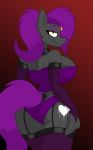  1girl 2015 ass breasts cleavage clothed clothing collar corset cutie_mark elbow_gloves equine eyeshadow fan_character gloves gold hair horse jrvanesbroek legwear looking_at_viewer looking_back makeup mammal my_little_pony panties pony portrait purple_hair standing stockings underwear yellow_eyes 