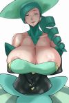  1girl areola_slip areolae battle_chatelaine_(pokemon) black_gloves breast_hold breasts cleavage collarbone curly_hair curvy dress drill_hair elbow_gloves gloves green_eyes hat huge_breasts lematin_(pokemon) lips long_hair nintendo nipples no_bra npc_trainer pokemon pokemon_(game) pokemon_xy simple_background smile solo top_hat uya_(yurukah) 