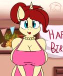  1girl anthro apron apron_only bedroom_eyes big_breasts blue_eyes breasts cleavage clothed clothing equid furry gif hair half-closed_eyes inside jewelry looking_at_viewer mammal mature_female mostly_nude my_little_pony naked_apron necklace one_breast_out open_mouth open_smile red_hair seductive smile thecoldsbarn 