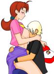  1boy 1girl ass_grab before_sex big_ass big_breasts blush breast_sucking delia_ketchum girl_on_top hand_on_ass hand_on_hip milf original_character pokemon shirt_lift sitting_on_lap sitting_on_person sucking_nipples thick_thighs 