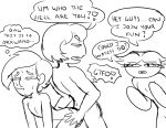3boys anal angry ass boomer_(ppg) doggy_position embarrassing funny hair humping jamie_(steven_universe) kevin_(steven_universe) looking_back mad monochrome multiple_boys nude powerpuff_girls princesscallyie rowdyruff_boys sex short_hair steven_universe text yaoi