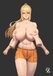  abs bare_shoulders beeeeen big_breasts blonde_hair breast_grab breast_grope breast_hold breast_squeeze breasts grabbing green_eyes high_res huge_breasts invisible metroid muscular muscular_female plump ponytail samus_aran shorts skin_tight skindentation thick_thighs thighs topless 