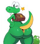 1girl ? anthro ass backpack being_watched big_ass croc croc:_legend_of_the_gobbos crocodile crossover looking_at_viewer looking_back male mario_bros nintendo nude one_eye_closed presenting presenting_hindquarters reptile scalie sharp_teeth smile sssonic2 standing teeth thick_thighs video_games wink yoshi