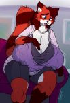  1girl anthro big_breasts breasts clothing dawmino eyeshadow fur furry hair huge_breasts hyper hyper_breasts lactating lipstick makeup mammal milf parent raccoon stains sweater 