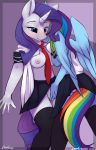  2016 against_wall anthro areola blue_eyes blue_hair blue_skin breasts clothed clothing daxhie duo equine female/female fingering friendship_is_magic furry hair half-closed_eyes horn horse inside legwear looking_down mammal multicolored_hair my_little_pony nipples open_shirt pony pussy pussy_juice rainbow_dash rainbow_hair rarity shirt smile stockings vaginal vaginal_fingering white_skin wings yuri 