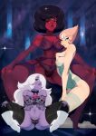  3_girls afro amethyst_(steven_universe) black_panties garnet_(steven_universe) gem_(species) gem_fusion hand_on_chest hands_on_knees high_heel_boots lace lace-trimmed_bra lace-trimmed_panties lace-trimmed_thighhighs lingerie long_hair looking_at_viewer medium_breasts one_eye_covered pearl_(steven_universe) plump purple_skin red_skin ribbon_choker ribbons short_hair small_breasts steven_universe stockings thick_thighs tovio_rogers white_skin 