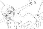 1girl anime armpits arms_out blush bondage cuffs face_down feet laughing monochrome nipples nude nudity sketch small_breasts spread_legs suspension tears thighs tickling 