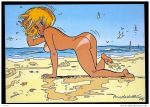  1girl ass beach black_eyes blonde_hair breasts looking_back nipples nude ocean short_hair tan tan_line water 
