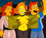  big_breasts edna_krabappel erect_nipples flashing large_areolae leggings no_bra the_simpsons thighs topless 
