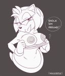 1girl amy_rose anthro breasts breasts_out_of_clothes furry looking_at_viewer monochrome sega sonic squidapple text tongue