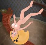 alice_(disney) alice_in_wonderland bare_legs barefoot big_breasts black_bowtie blue_eyes bowtie breasts falling falling_down feet helix naked_female navel nude open_mouth pussy toes yellow_hair