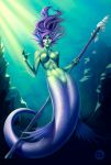  green_skin mermaid no_nipples purple_hair red_eyes spear 