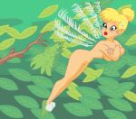 blue_eyes disney duckymomoisme fairy fairy_wings flying green_background green_shoes leaves naked_female nude peter_pan pubic_hair ripped_clothing sideboob sweat sweatdrop tinker_bell tree yellow_hair