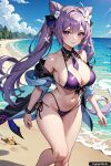 ai ai_generated aiart anime bikini cleavage genshin_impact keqing_(genshin_impact) purple_hair swimsuit trynectar.ai