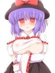  1girl arm_grab bangs blue_hair blush bow bowtie breast_hold breasts bust d: empty_eyes erect_nipples female frown hat hat_bow huge_breasts iku_nagae lactation large_breasts looking_at_viewer milk nagae_iku nipples no_bra nose_blush open_mouth purple_hair red_eyes ribbon ribbons ry see-through shawl shirt shirt_lift short_hair simple_background skirt solo tearing_up tears touhou upper_body white_background 