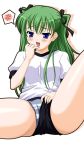 alice_carroll aria_(manga) blue_eyes blush buruma buruma_aside green_hair gym_uniform panties striped striped_panties underwear