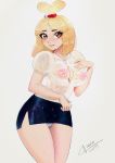 1girl animal_crossing blonde_hair breasts humanized isabelle_(animal_crossing) mrscurlystyles nintendo nipples panties short_skirt simple_background solo_female wet wet_clothes 