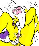  1_anthro 1_female 1_female_anthro 1_girl 3_toes anthro anthro_canine anthro_fox anthro_vixen anus arm_warmers breast canine detached_sleeves digimon female female_anthro female_anthro_fox female_renamon foot_pads fox fur furry labia legs_up lying motion_lines nude pussy pussy_juice renamon silver_renamon solo spread_pussy tail toei_animation vixen white_background white_fur yellow_fur yin_yang 