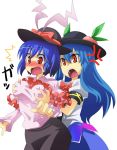 2girls ^^^ annoyed blue_hair blush bow bowtie breast_envy breast_grab breasts commentary_request embarrassed food frills fruit grabbing grabbing_from_behind groping hat hat_bow hat_ribbon hinanawi_tenshi iku_nagae large_breasts long_hair looking_down multiple_girls nagae_iku nose_blush open_mouth peach red_eyes ribbon shirt simple_background skindentation skirt squemezzo standing surprised taut_clothes taut_shirt tenshi_hinanai tongue touhou white_background