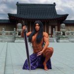 1girl 3d abs asian asian_female barefoot big_breasts black_hair breasts cgi fbb female_only long_hair looking_at_viewer muscle muscles muscular muscular_female navel outside pose siberianar solo_female sword veins weapon