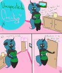 1girl anthro black_skin blue_hair breasts changeling clothed clothing comic english_text fangs friendship_is_magic furry green_eyes hair half-closed_eyes heart honas007 horn inside my_little_pony no_pupils queen_chrysalis teeth text 