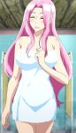  1girl anime arm arms bare_arms bare_legs bare_shoulders blush breasts closed_eyes cross_ange ersha_(cross_ange) hair legs lips long_hair naked_towel neck nude nude_cover pink_hair shiny shiny_hair smile standing steam sunrise_(company) towel 