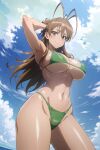  1girl ai_generated armpits beach big_breasts bikini breasts curvy highschool_of_the_dead hips looking_at_viewer looking_down navel nipples rei_miyamoto smile stable_diffusion thick_thighs thighs wide_hips 