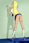  1girl area_(artist) ass blonde_hair blue_eyes blue_skirt clothed dc_comics dcau female female_only looking_back panties panties_down pussy shirt skirt skirt_lift socks solo standing standing_on_toes tagme teen_titans terra white_panties white_socks 
