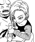  1boy 1girl android_18 animated blonde_hair dragon_ball_z embarrassed excited foreskin gif grabbing_testicles handjob hetero krillin looking_at_penis monochrome penis_grab testicle_grab uncensored 