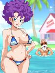  1boy 1girl bald bangs beard bikini blue_bikini blue_eyes blurry bow bow_bikini breasts breasts_apart cameltoe cloud coconut_tree collarbone day depth_of_field dragon_ball dragon_ball_(classic) facial_hair facing_viewer hand_on_hip hands_on_hips house island kame_house light_smile lipstick looking_at_viewer makeup master_roshi medium_breasts micro_bikini missing_teeth mole mole_under_mouth muscular muscular_male mustache navel ocean old old_man outside palm_tree partially_submerged purple_hair ranfan red_bow red_lips sano-br sano_br shiny shiny_skin short_hair sky smile strap_gap sunglasses swimsuit tree two-tone_bikini wading white_beard wide_hips 