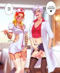  2girls big_breasts breasts futanari intersex nurse_uniform text 