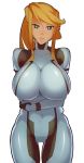  1girl breasts clothes hair large_breasts simple_background solo teeth thighs white_background 