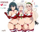  3_girls alluring alternate_costume big_breasts blonde_hair blue_eyes bra breasts byleth_(fire_emblem) byleth_(fire_emblem)_(female) christmas cleavage corrin_(fire_emblem) corrin_(fire_emblem)_(female) english_text fire_emblem fire_emblem:_three_houses fire_emblem_awakening fire_emblem_fates high_res karbuitt light-skinned_female light_skin long_hair medium_breasts midriff naughty_face navel nintendo panties red_eyes red_panties robin_(fire_emblem) robin_(fire_emblem)_(female) simple_background smile teal_hair text thick thick_thighs underwear white_hair wide_hips 