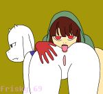 alternate_universe anthro artist_name big_ass blank_expression brown_hair chara chara_au female female_anthro frisky_69 green_hoodie hoodie licking_anus pussy red_eyes rimjob rimming simple_background solid_color_background storyshift storyshift_chara toriel undertale undertale_au
