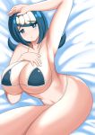  1girl bikini blue_eyes blue_hair blush eyebrows_visible_through_hair female female_human female_only huge_breasts human lana&#039;s_mother looking_at_viewer milf mostly_nude nintendo nipples pokemon pokemon_sm suiren&#039;s_mother tagme 
