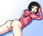  1girl ass ben_10 black_hair bottomless brunette dragonsmasher female female_only hoodie julie_yamamoto lying no_panties partially_clothed pussy short_black_hair short_hair solo 