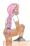  1girl ass bottomless dark_skin green_eyes long_hair milf monster orc pants_around_leg pink_hair ponytail wide_hips 