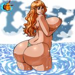 1girl ass big_ass big_breasts breasts demonroyal female_only looking_at_viewer looking_back nami one_piece swimsuit thong topless