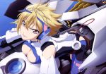  &gt;:( 1girl absurd_res absurdres all_fours angelise_ikaruga_misurugi armor art ass bangs bare_shoulders bent_over big_breasts blonde_hair bodysuit breast_rest breasts cable cleavage cleavage_cutout cockpit copyright_name cross_ange eyelashes flipped_hair from_above glaring hair_between_eyes headgear headphones high_res highres large_breasts leaning_forward lips lipstick looking_at_viewer looking_up makeup mecha official_art ogura_kazuo ogura_kazuo_(artist) pink_eyes plug scan serious short_hair turtleneck water 