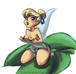  blonde_hair blue_eyes breasts breasts_out disney disney_fairies dress hair hair_bun lipstick nipples open_mouth panties peter_pan pointy_ears red_lipstick tinker_bell top_down transparent_background upskirt wings 